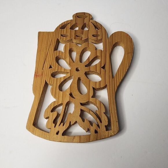 Vintage Tea Kettle Style Carved Wood Trivet Unmarked - Picture 1 of 5